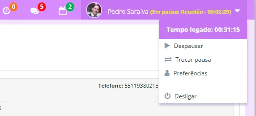 Painel do agente - troca de pausa