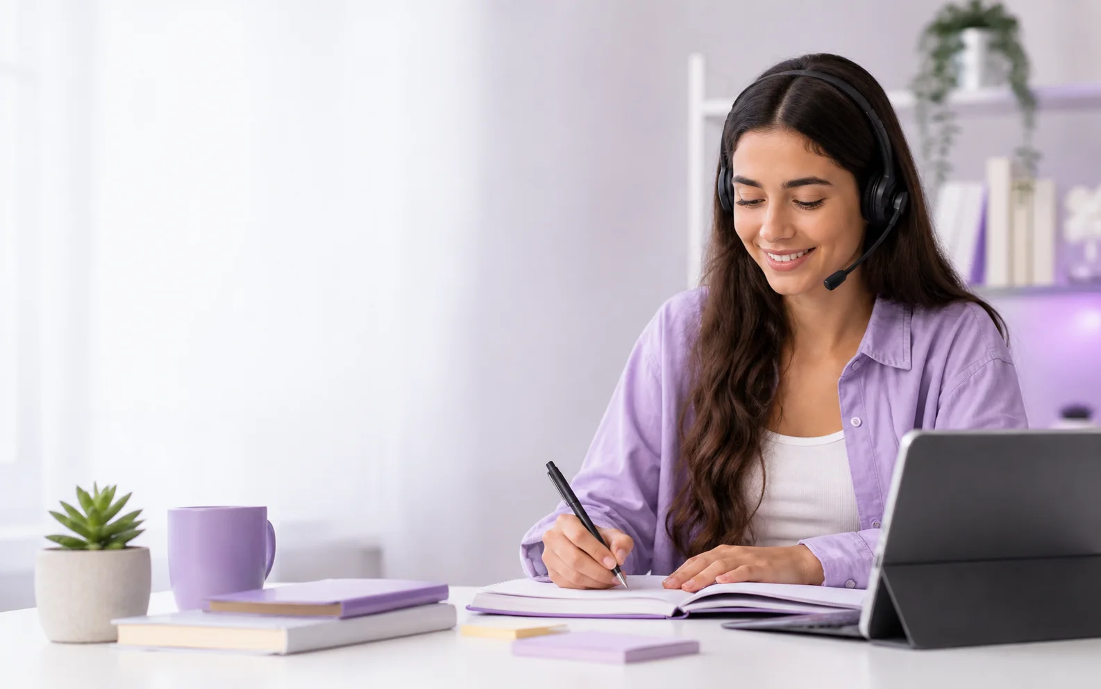 Estudante com headset escrevendo em caderno
